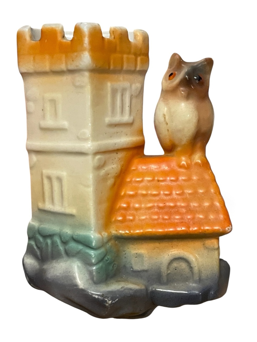 Vintage Czechoslovakian Ceramic Owl on Castle Roof Figurine - Orange and Cream